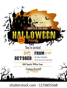 Halloween party invitation with Dracula castle and various silhouettes of flying bats