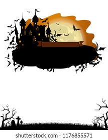 Halloween party invitation with Dracula castle and various silhouettes of flying bats