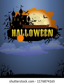 Halloween party invitation with Dracula castle and various silhouettes of flying bats