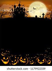 Halloween party invitation with Dracula castle, scary pumpkins, and various silhouettes of flying bats