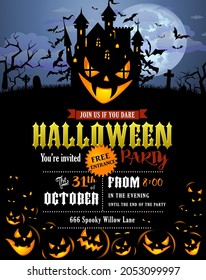 Halloween party invitation with Dracula castle with terrifying face, scary pumpkins, and various silhouettes of flying bats