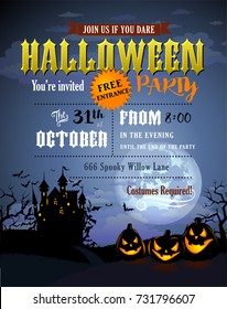 Halloween party invitation with Dracula castle, scary pumpkins, and various silhouettes of flying bats