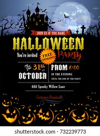 Halloween party invitation with Dracula castle, scary pumpkins, and various silhouettes of flying bats