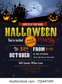 Halloween party invitation with Dracula castle, scary pumpkins, and various silhouettes of flying bats