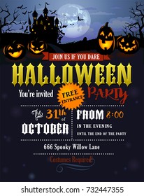 Halloween party invitation with Dracula castle, scary pumpkins, and various silhouettes of flying bats