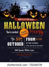 Halloween party invitation with Dracula castle, scary pumpkins, and various silhouettes of flying bats