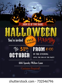 Halloween party invitation with Dracula castle, scary pumpkins, and various silhouettes of flying bats