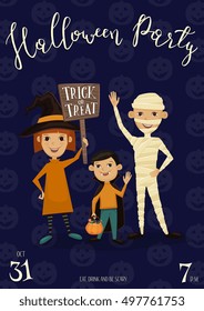 Halloween party invitation with halloween elements and place for text. Funny kids in halloween costumes mummy, vampire and witch.