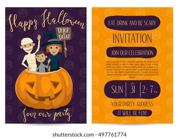 Halloween party invitation with halloween elements and place for text. Funny kids in halloween costumes mummy, vampire and witch.