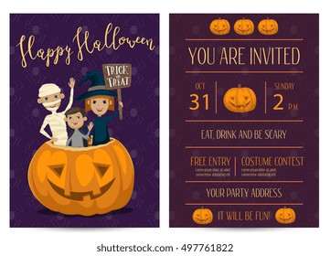 Halloween party invitation with halloween elements and place for text. Funny kids in halloween costumes mummy, vampire and witch. 