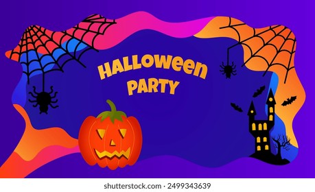 Halloween party invitation, festive postcard, happy holidays card with spiders and web, castle, pumpkin Jack-o-lantern, uneven colorful frame, cartoon flat style.