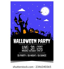 Halloween Party invitation flyer, banner or poster with spooky dark pumpkins, horrible castle, scared cat walking in the cemetery and bats in the night sky against the backdrop of a full moon.