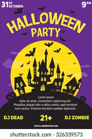 Halloween Party invitation flyer banner template with castles, bats, pumpkins on a moon background