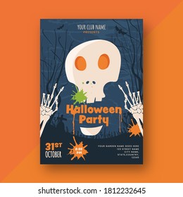 Halloween Party Invitation or Flyer Design with Skull, Skeleton Hands on Blue Graveyard Forest Background.