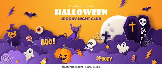 Halloween party invitation flyer with full moon, pumpkin, ghost, skeleton, bats in paper cut style on violet background. Vector illustration.