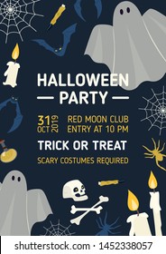 Halloween party invitation, flyer or poster templates with scary ghosts, candles, bats and spiders and place for text. Vector illustration in flat cartoon style for celebratory event advertisement.