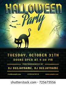 Halloween party invitation. Flyer template with full moon, scary trees and evil cat. Spooky night banner. Vector illustration.