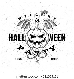 Invitación a la fiesta de Halloween con calabaza voladora - ilustración vectorial de línea de arte