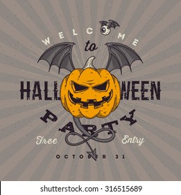 Halloween party invitation with flying pumpkin - line art vector illustration