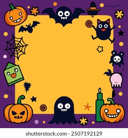 Halloween Party Invitation Frame: A vibrant and whimsical Halloween themed illustration featuring a yellow frame surrounded by cute and spooky characters