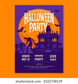 Invitación de fiesta de Halloween con luna llena y casa embrujada