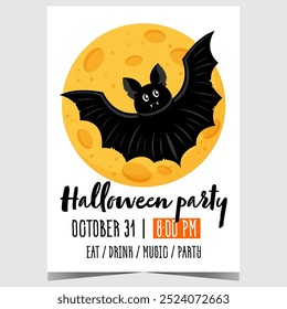 Halloween party invitation with funny bat on yellow moon background. Vector poster or banner to celebrate All Saints' Eve in a cheerful festive atmosphere observing all the traditions.