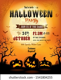 Halloween party invitation with funny pumpkins on bright background of a full moon.