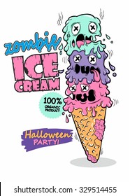 Halloween Party Invitation. Funny  sweet zombie ice cream. Original detailed vector illustration with simple gradient.