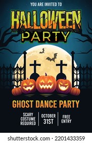 Halloween Party Invitation Ghost Dance Party with Scary Pumpkins Full Moon Zombie Party Trick or Treat Flyer Template Vector Illustration for Halloween Party Invitation Card Halloween Costumes