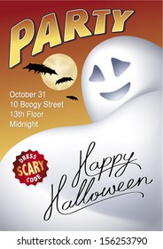 Halloween party invitation with ghost, full moon and bats.