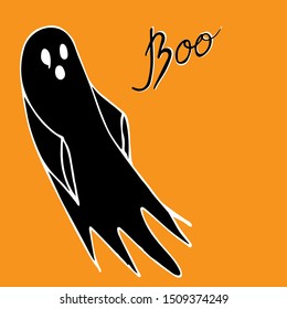 

Halloween party invitation. Ghost and text drawn by hand, cartoon sketch. Minimal concept. Festive design for invitations and greetings, Vector