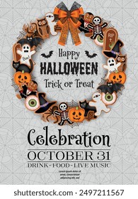 halloween party invitation with gingerbread cookies wreath. halloween celebration flyer