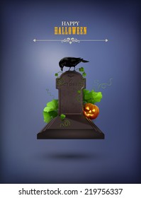 Halloween Party Invitation with grave, Raven, gravestone, pumpkin