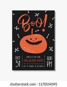 Halloween party invitation or greeting card with handwritten calligraphy.