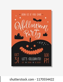 Halloween party invitation or greeting card with handwritten calligraphy.