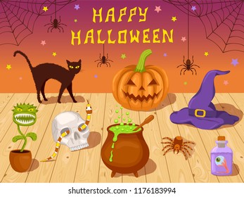 Halloween party invitation or greeting card background. Color vector illustration with pot, hat, pumpkin and other design elements with Happy Halloween text for posters and decorations