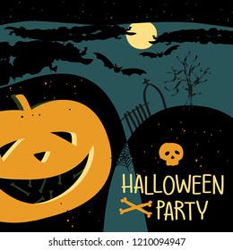 Halloween party invitation or greeting card with handwritten calligraphy and traditional symbols. Vector illustration.
