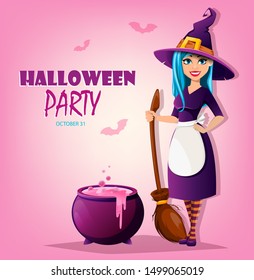 Halloween party invitation or greeting card. Beautiful lady witch with broomstick stands near cauldron. Vector illustration