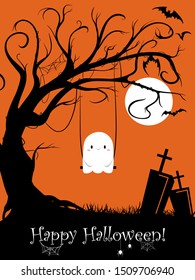 Halloween party invitation or greeting card with traditional holiday symbols in orange and black.