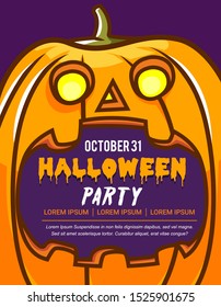 Halloween party invitation or greeting card with big creepy pumpkin cartoon illustration, text space in the mouth of pumpkin. Flat design illustration with cute style. editable text, color and vector