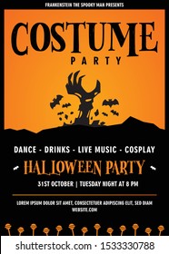 Halloween party invitation or greeting card with handwritten calligraphy and traditional symbols.