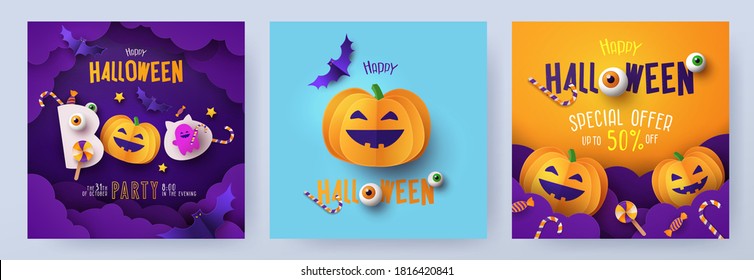 Halloween Party invitation, greeting card, or Sale poster Set with calligraphy, cutest pumpkins, moon, bats, candy in night clouds. Design template for advertising, web, social media. Paper cut style