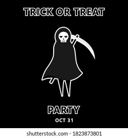 Halloween party invitation or greeting card with death with a scythe on black isolated background. Flat design in vector illustration. Eps 10.