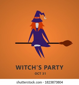 Halloween party invitation or greeting card with witch flying on broom. Flat design in vector illustration. Eps 10.
