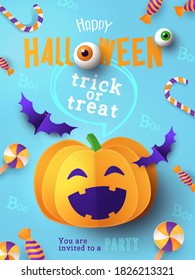 Halloween Party invitation, greeting card, or poster with calligraphy, cutest pumpkin, bats, spider and candy on blue background. Design template for advertising, web, social media. Paper cut style