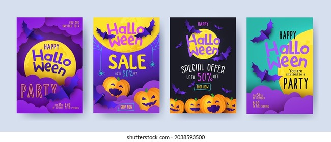 Halloween Party invitation, greeting card, poster for Sales with calligraphy, cutest pumpkins, full moon, bats in night clouds. Design template for advertising, web, social media. Paper cut stylе