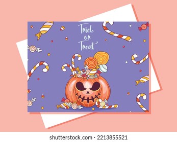 Halloween Party invitation, greeting card, or posters with calligraphy, cutest pumpkins and candy. Design template for Sale, advertising, web, social media.