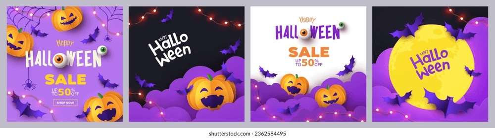 Invitación de la fiesta de Halloween, tarjeta de saludo o afiche de Saler Set con caligrafía, calabazas más graciosas, luna, murciélagos, dulces en nubes nocturnas. Plantilla de diseño para publicidad, web, medios sociales. Estilo de corte de papel