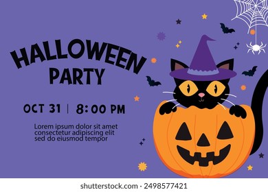Halloween party invitation, greeting card, or poster with cute pumpkin, black cat and bats on purple background . Design template for advertising, web, social media, event promotion, greeting card.