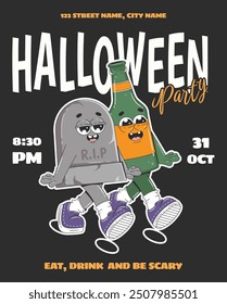 Halloween party invitation or greeting card with cute cartoon characters. Retro groovy style poster with a beer bottle and a gravestone.